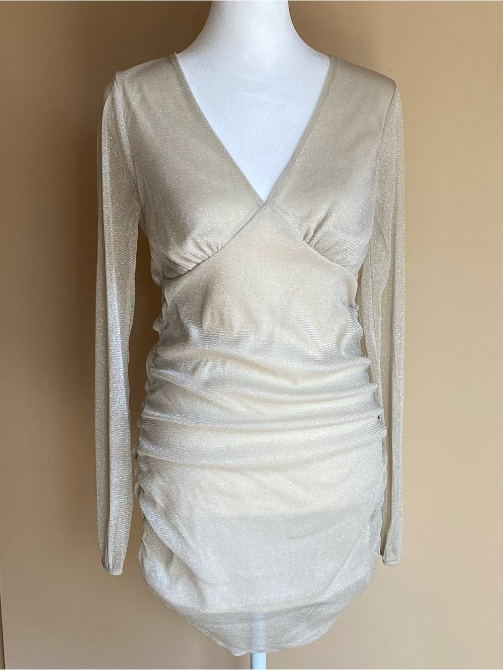 Gold Shimmer Ruched Bodycon Mini Dress Glam Party Clubwear S/M